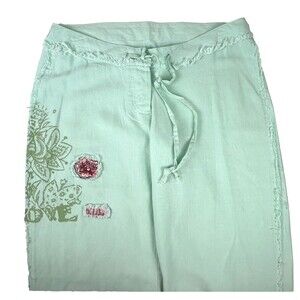 AZIZ Boho Seafoa Linen Draw String Wide Leg Pants Raw Edges Patches NEW Size L